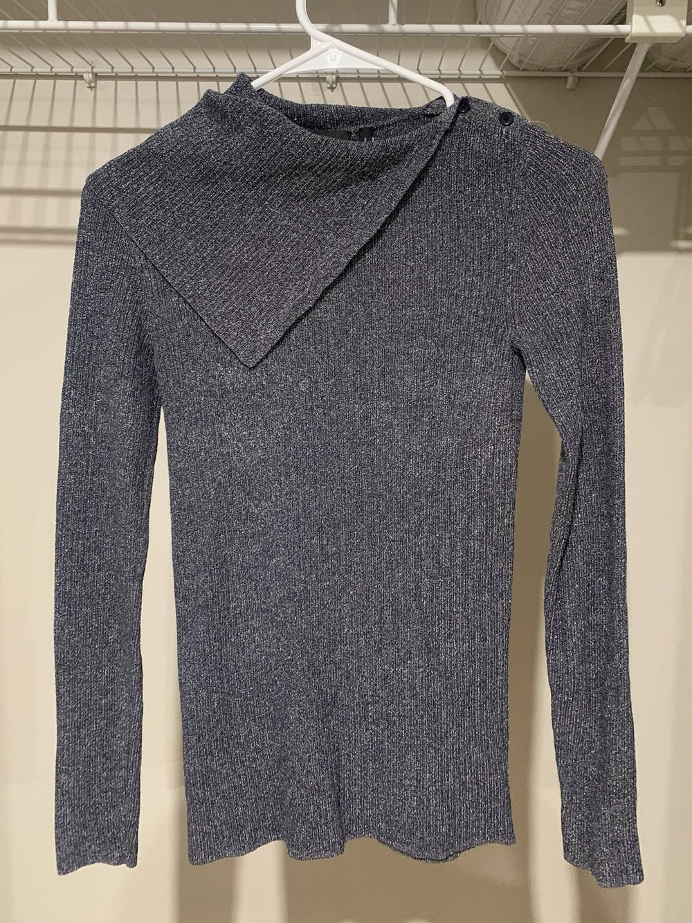 Theory Heather Navy Foldover Button Collar Long Sleeve Knit Sweater Size Small